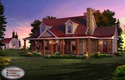 A PBS cape style home with a covered porch, red roof, and a backyard with multiple large trees.