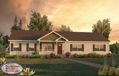 A PBS ranch style home with white vinyl and red accents in the setting sun under a cloudy sky.