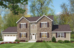 A brown and stone vinyl Manorwood Two-Story home with an attached garage in front of a forest.